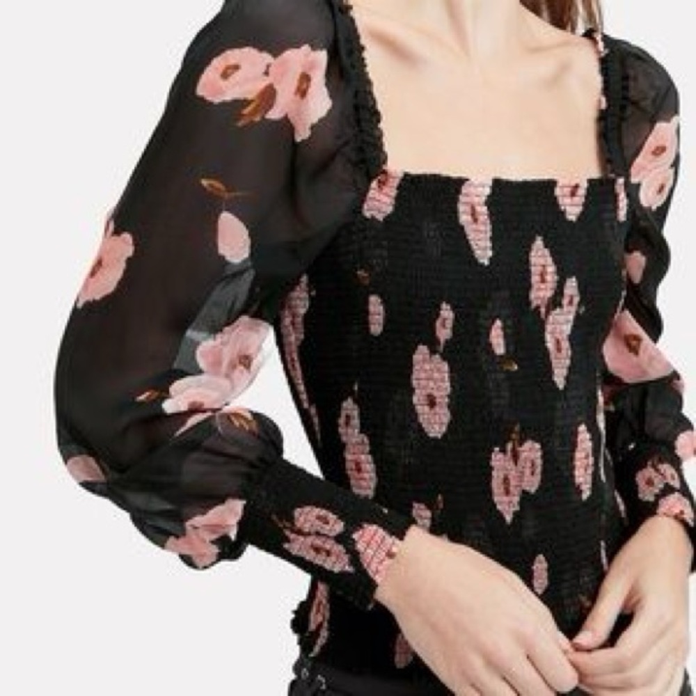 Intermix Smocked Black Floral Long Sleeve Silk Top